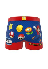 Boxers avec un design Super Mario rouge et bleu, comportant Mario, une pièce, une étoile, un champignon, une fleur de feu, une carapace, un bloc POW et un bloc point d'interrogation.
