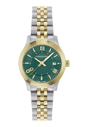 Gold and silver stainless steel watch with a green dial, gold Roman numeral markers, and a date display. Features a textured strap design.