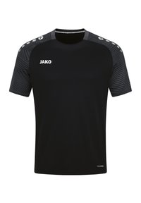 Maglietta sportiva nera a maniche corte, con un motivo testurizzato sulle spalle e un logo bianco "JAKO" sul davanti.
