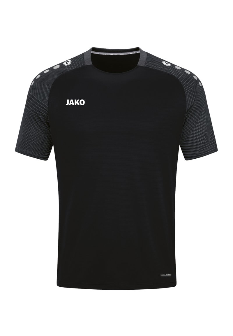 Maglietta sportiva nera a maniche corte, con un motivo testurizzato sulle spalle e un logo bianco "JAKO" sul davanti.