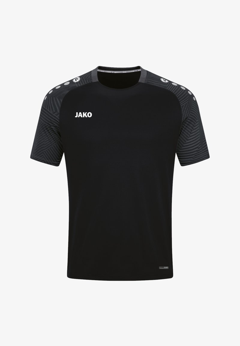 Maglietta sportiva nera a maniche corte, con un motivo testurizzato sulle spalle e un logo bianco "JAKO" sul davanti.