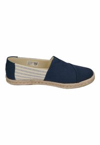 Navy canvas slip-on shoes with a textured upper, featuring a light beige striped accent and a jute rope sole.