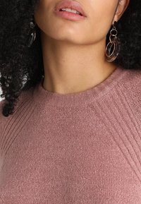 Maglione rosa a coste con scollo rotondo e texture morbida. Grandi orecchini rotondi con finiture trasparenti e metalliche.
