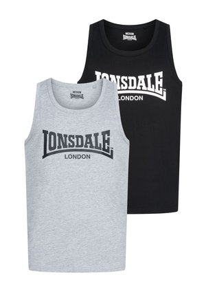 To tanktoppe: en grå og en sort. Begge lavet af bomuld, med en rund halsudskæring og fed tekst "LONSDALE LONDON" i sort og hvid.
