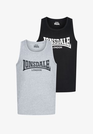 Két ujjatlan póló: az egyik szürke, a másik fekete. Mindkettő pamutból készült, kerek nyakkivágással és vastag fekete-fehér "LONSDALE LONDON" felirattal.