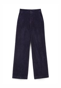 Navy blue wide-leg corduroy trousers with front button closure, side pockets, and visible vertical seams down the legs.