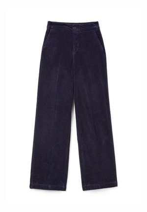 Pantalons en velours côtelé bleu marine à jambes larges avec fermeture à bouton devant, poches latérales et coutures verticales visibles le long des jambes.