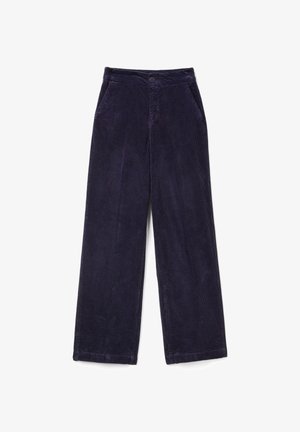 Navy blue wide-leg corduroy trousers with front button closure, side pockets, and visible vertical seams down the legs.