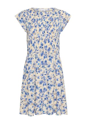 Floral dress in cream with blue and orange flower patterns, short cap sleeves, and a relaxed fit. Lightweight fabric with a gathered waist.