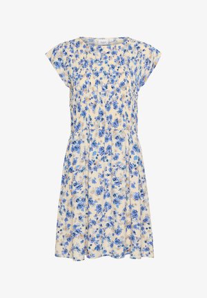 Floral dress in cream with blue and orange flower patterns, short cap sleeves, and a relaxed fit. Lightweight fabric with a gathered waist.