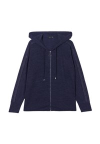 Felpa con zip di colore navy realizzata in tessuto testurizzato, dotata di cappuccio con cordino e cuciture decorative lungo le maniche.