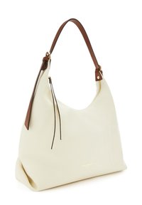 Leather hobo bag in off-white with a brown shoulder strap, featuring a zipper closure and a subtle embossed logo at the bottom.