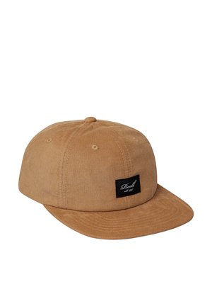 Tan corduroy snapback cap with a black logo patch. Features a rounded crown and a straight, flat brim. Textured fabric with visible ribbing.