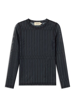 Haut à manches longues noir en tissu transparent avec un motif rayé. Présente un col rond et des détails cousus sur les coutures.