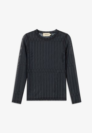 Schwarzes Longsleeve-Oberteil aus transparenter Stoff mit Streifenmuster. Verfügt über einen runden Ausschnitt und genähte Details an den Nähten.
