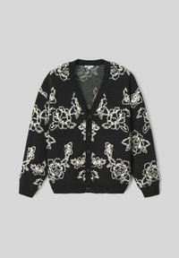 Cardigan noir avec motif floral blanc, col en V, fermeture à boutons, bords côtelés et ourlet, texture douce, tissu chaud.