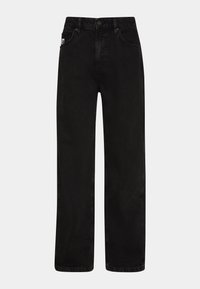 Black denim jeans with a straight cut, featuring a five-pocket design and subtle stitching details. Material is sturdy with a smooth texture.