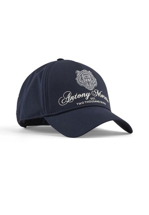 Cappellino da baseball blu navy con grafica di testa di tigre e testo "Antony Morato EST. DUEMILASETTE" sul pannello frontale.
