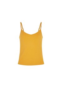 Ribbed yellow cami top with adjustable thin straps and a v-neckline, made from a soft, stretchy fabric.