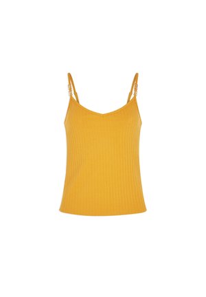 Top in giallo a coste con spalline sottili regolabili e scollatura a V, realizzato in un tessuto morbido ed elasticizzato.