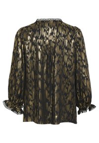 Blouse noire avec des rayures métalliques dorées, présentant un col en forme de vague, des manches bouffantes et des poignets volantés. Tissu texturé avec une finition brillante.