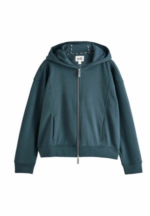 Dunkeltürkiser Kapuzenpullover mit Reißverschluss, Fronttaschen und Kapuze, flach ausgelegt mit komplett geschlossenem Reißverschluss.