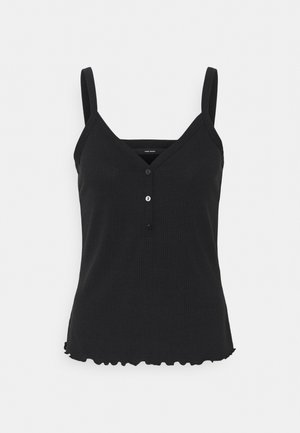 Czarny prążkowany, bezrękawnik z dekoltem w serek, trzema guzikami z przodu i falbanką na dole, na białym tle.