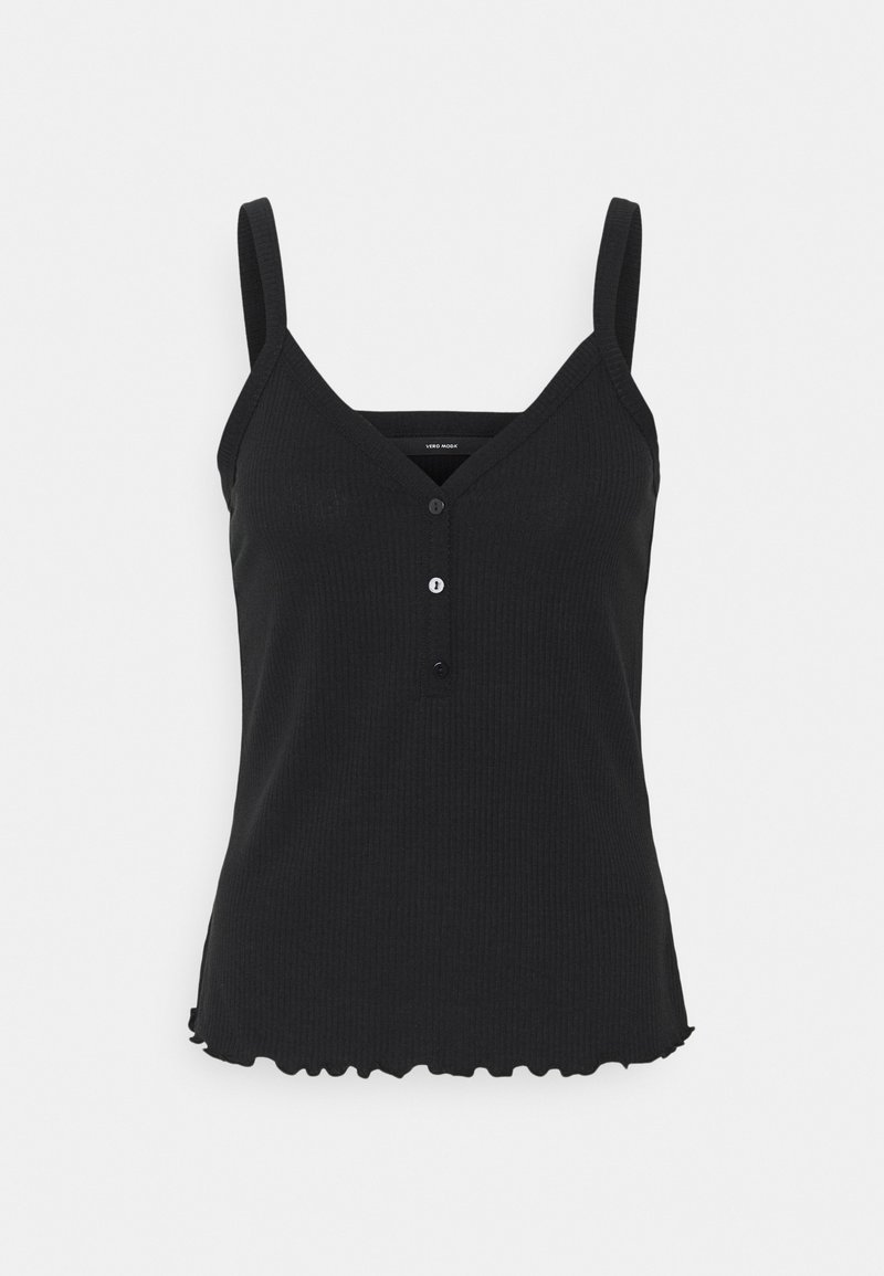 Débardeur noir côtelé sans manches avec encolure en V, trois boutons à l'avant et ourlet volanté sur fond blanc.
