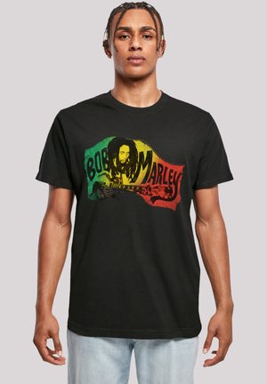 Black cotton t-shirt featuring a multicolored graphic of Bob Marley with red, yellow, and green accents. Classic crew neck design.
