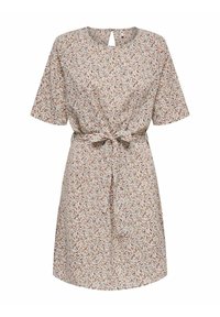 Šaty s květinovým vzorem v světle hnědé a krémové barvě, s kulatým výstřihem, krátkými rukávy a zavazovacími pásky v pase pro úpravu velikosti.