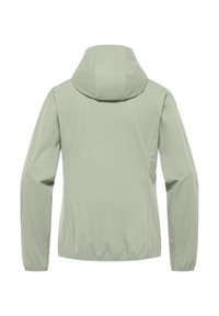 Veste à capuche vert clair, texture lisse, silhouette ajustée, poignets et ourlet élastiques avec un design minimal, sans motifs visibles ni quincaillerie.