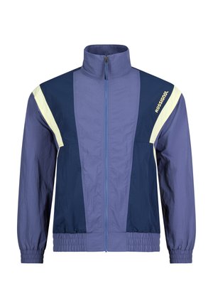 Blaues und marineblaues Windbreaker-Jacke mit Reißverschluss, hohem Kragen, elastischen Bündchen und Saum, weißen schrägen Streifen auf den Schultern und "Rossignol"-Schriftzug auf der rechten Brust.