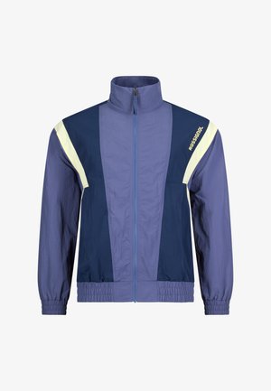 Blaues und marineblaues Windbreaker-Jacke mit Reißverschluss, hohem Kragen, elastischen Bündchen und Saum, weißen schrägen Streifen auf den Schultern und "Rossignol"-Schriftzug auf der rechten Brust.