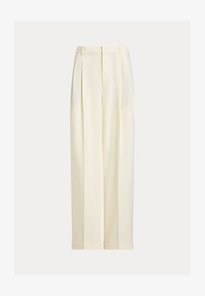 Pantaloni color crema, a vita alta, con pieghe, gambe larghe e orlo risvoltato. Realizzati in tessuto liscio con una finitura sartoriale.