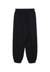 Pantalons légers noirs avec une taille élastique et des poignets resserrés. Texture lisse, coupe ample, adaptés pour un usage décontracté.