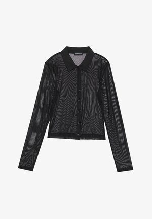 Sort langærmet skjorte lavet af gennemsigtigt materiale, med spidse kraver, frontlukning med knapper og struktureret mønster throughout.