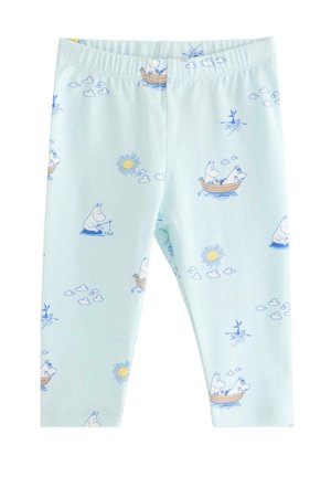 Lyseblå leggings til småbørn med legende blå og gule mønstre af både, sol, skyer og hippo-lignende figurer.