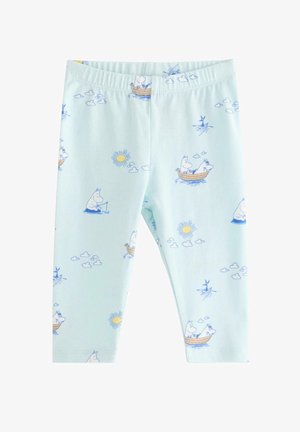 Lyseblå leggings til småbørn med legende blå og gule mønstre af både, sol, skyer og hippo-lignende figurer.