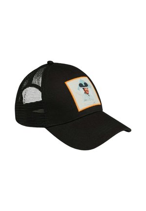 Casquette de baseball noire en mesh avec une visière incurvée et un patch avant représentant un homme portant un chapeau avec des oreilles de Mickey Mouse.