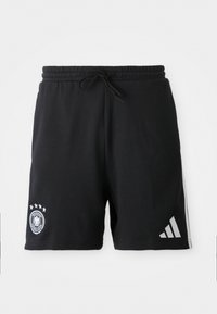 Calções de atletismo pretos com uma cintura elástica, cordão, logótipo branco da Adidas e um emblema de futebol alemão com quatro estrelas.