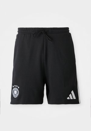 Sorte treningsshortser med elastisk midje, snor, hvit Adidas-logo og et tysk fotballemblem med fire stjerner.