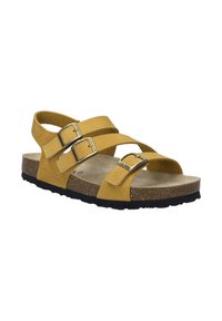 Gule sandaler med to justerbare spænder, korkfodder og en struktureret sort gummiydersål. Åbent design for åndbarhed.