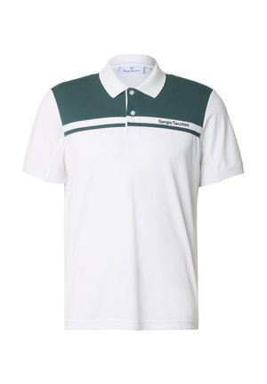 Polo bianca a maniche corte con pannello superiore verde scuro e righe orizzontali, con logo "Sergio Tacchini" sul petto.