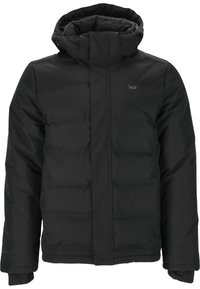 Zwarte pufferjack met capuchon, voorzien van een ritsluiting aan de voorkant, gequilt design en elastische manchetten. Glad materiaal met minimale branding.