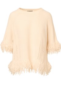 Cremefarbenes Strickpullover mit fransigem Saum und Ärmeln, versehen mit dekorativen offenen Maschen. Weicher Stoff und lässige Passform.