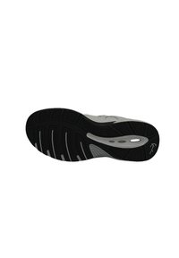 Semelle de chaussure de sport grise avec une semelle extérieure en caoutchouc noir texturé, dotée de rainures et d'un design pour l'adhérence et la flexibilité.