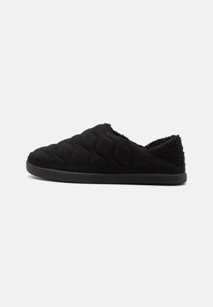 Zwarte slippers met een gestikte textuur, voorzien van een laag uitgesneden ontwerp, zachte fleece-achtige voering en een stevige zwarte rubberen zool.