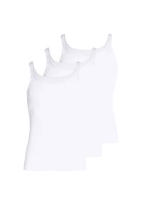 Tre canotte bianche in cotone con spalline sottili, caratterizzate da un design aderente e una texture a costine per una maggiore comodità e flessibilità.