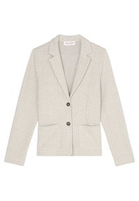 Světle šedý herringbone blazer s dobře padnoucím střihem, klopovými límci, dvěma předními kapsami a dvěma hnědými knoflíky v pase. Texturovaná tkanina.