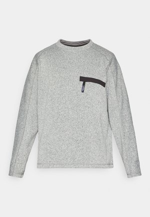 Gray long-sleeve shirt with a textured fabric, featuring a black pocket on the left chest and a round neckline. Smooth cuffs and bottom hem.